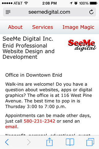 SeeMe Digital website screen shot mobile iPhone 320 pixels wide
